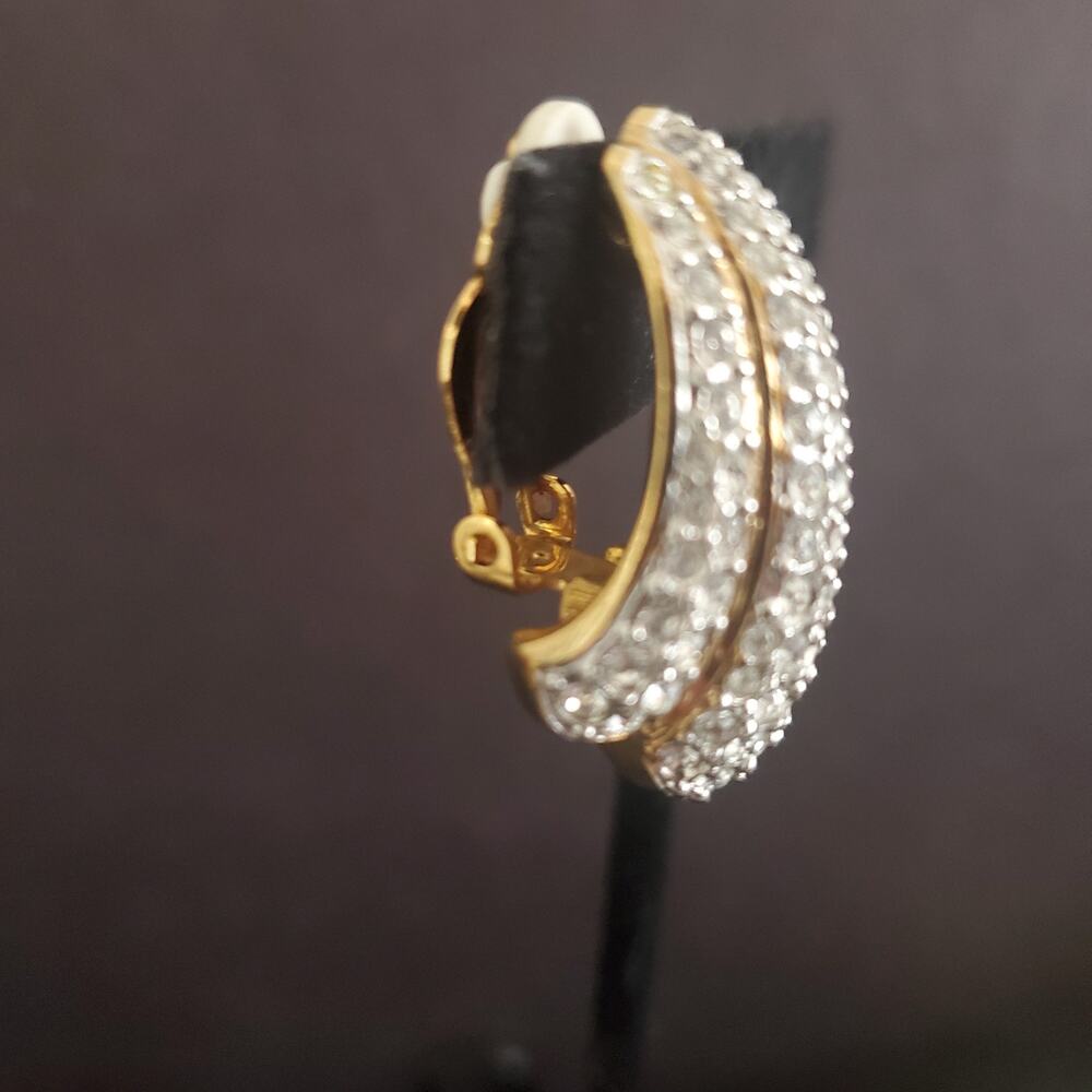 VTG Swarovski Large Earrings Clip On Pave Crystals Gold Plated 80's Swan Signed - Picture 7 of 8